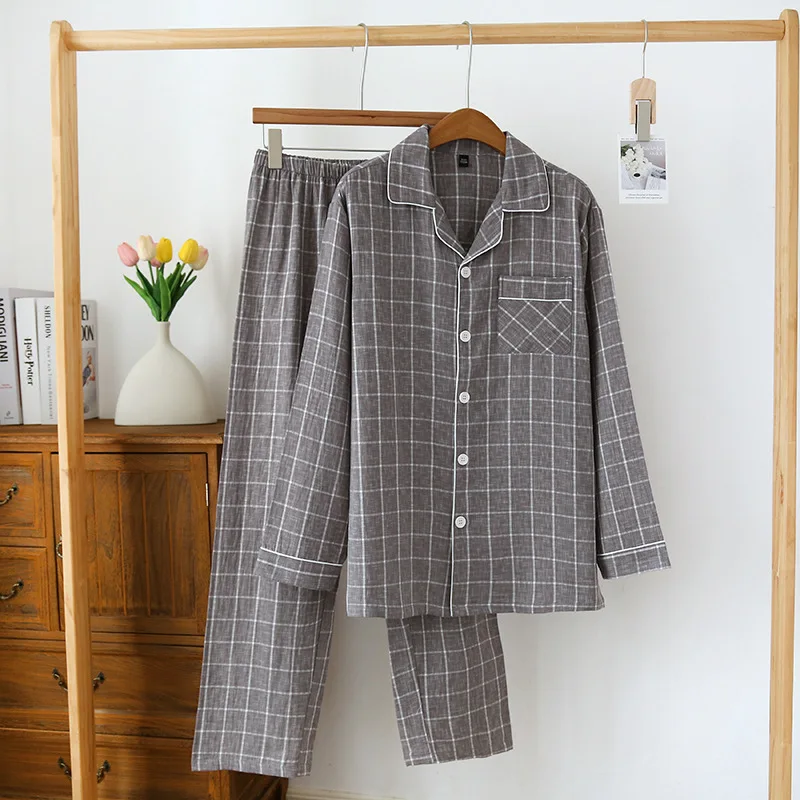Japanese New Men's Spring/Summer Pajama Set 100% Cotton Plaid Long Sleeve Pants Two Piece Set Large Relaxed Home Furnishing pajamas set man pajamas set