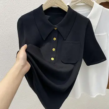 여성용 신상 니트 폴로 셔츠, 한국 패션 티셔츠, 다목적 단색 여성 캐주얼 루즈 반팔 얇은 상의, 여름