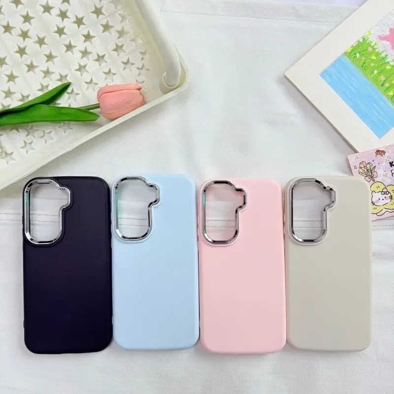 Enhanced Product Title: 
Simple Solid Color Electroplated Lens Frame Matte Silicone Shockproof Phone Case