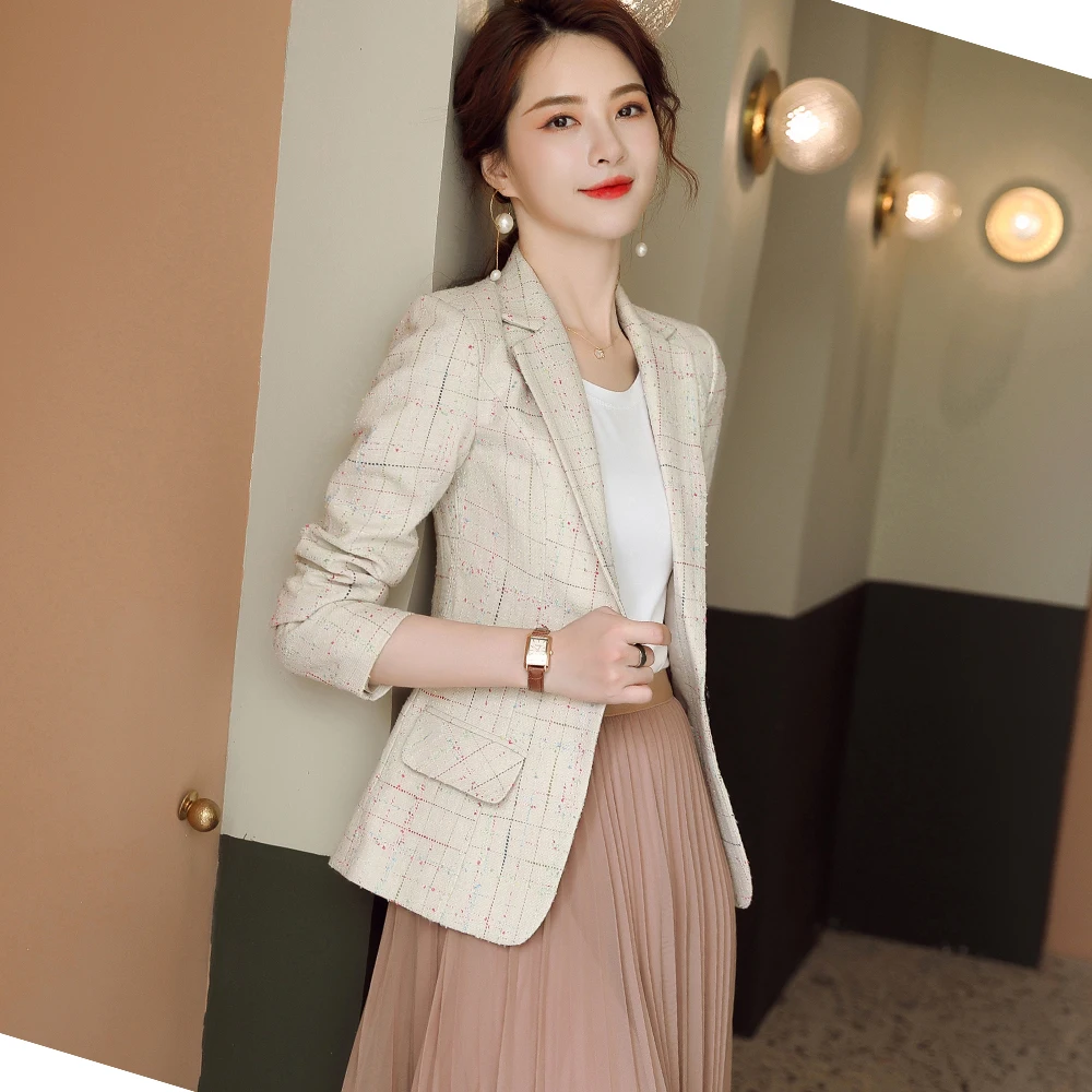 Women Fashion Casual Single Button Blazers Coat Vintage Slim Long Sleeve Female Outerwear S-4XL Chic Black Apricot Plaid Tops