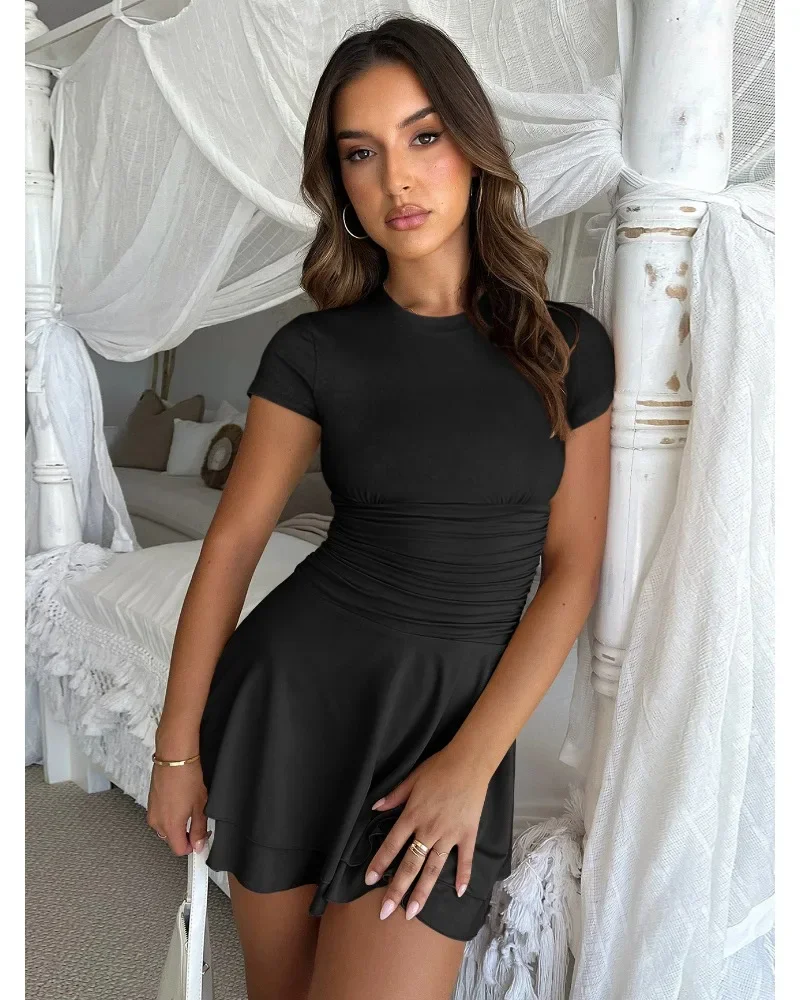 Fashion Folds Ruffled Mini Dress For Women Summer New Solid Color Short Sleeves Female Clubs Party Sexy Slim Fit Dress