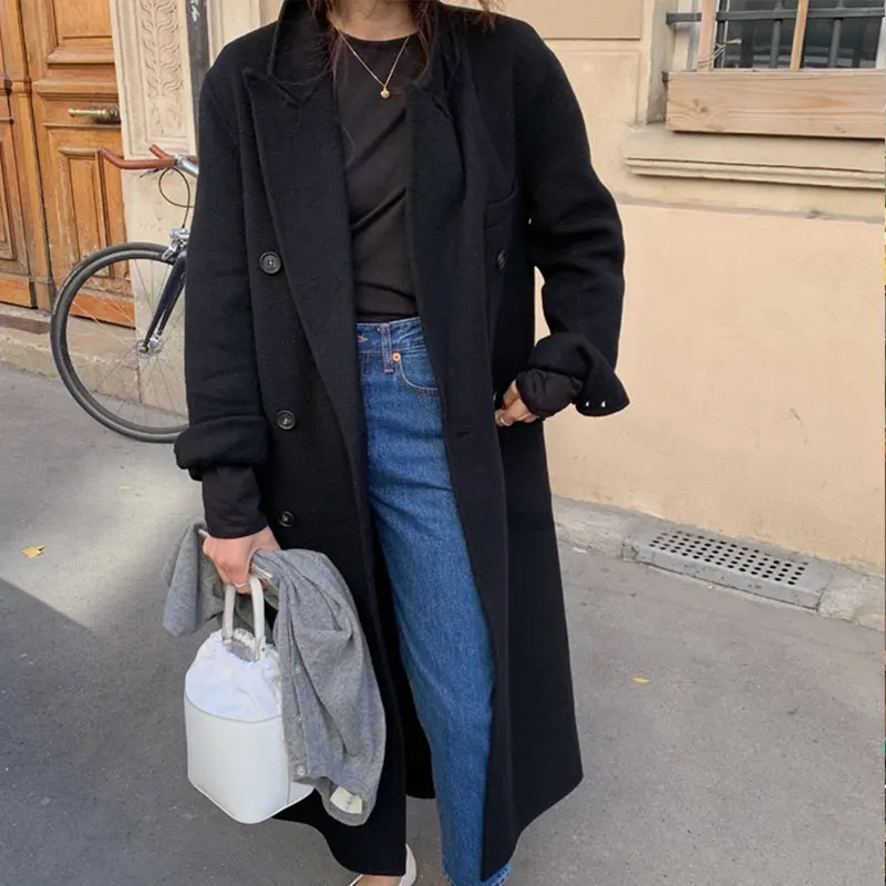 

Korea Winter Vintage Woolen Overcoat Women Casual Solid Long Coats Double Breasted Fashion Loose Gray Black Trench Coats Jacket