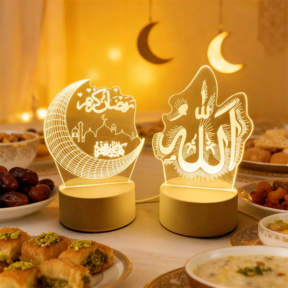 LED Night Light with 3D Moon Castle Design - Acrylic Eid Mubarak Ornament for Holiday and Festival Decor