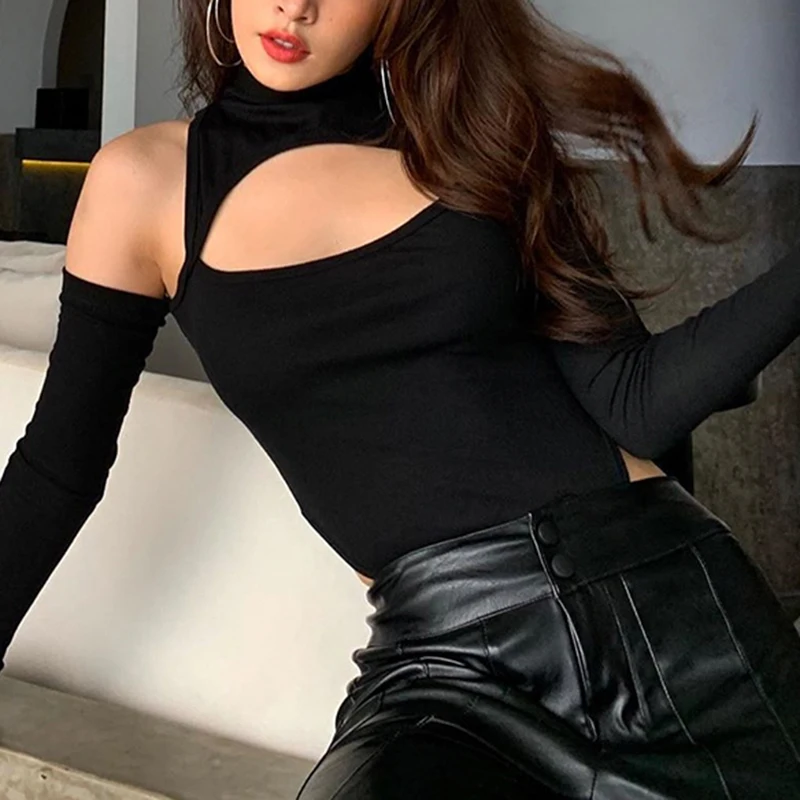 Women's Sexy Hollow Bodysuit Long Sleeved Off-Shoulder Tops Solid Color Fashion Half High Collar Jumpsuit Bottoming Clothes 2023