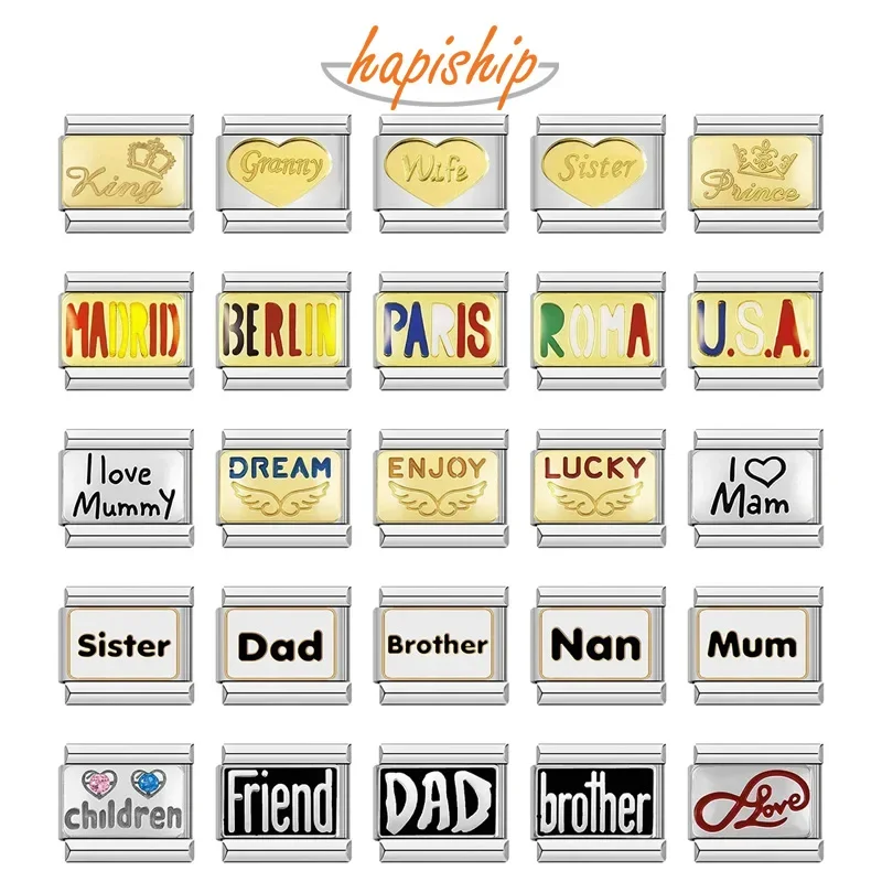 Hapiship Friend Dad King Madrid Wife Mum Daddy Prince Italian Charm Links Fit 9mm Stainless Steel Bracelet Jewelry Making DJ123 stainless steel bracelets charm bracelet stainless steel jewelry