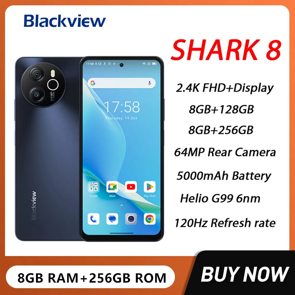 

Blackview SHARK 8 Smartphone Helio G99 Octa 8GB+256GB 6.78Inch 2.4K Display Android 13 Mobile 64MP 5000mAh 33W Fast Charging NFC