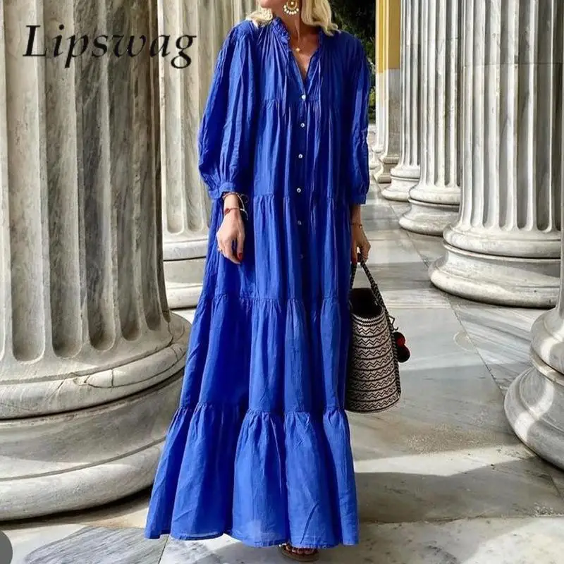 

Elegant Long Sleeve Button Shirt Dress Solid Fashion Pleat Patchwork Design Maxi Dress Women Autumn Casual Loose Hem Long Dress