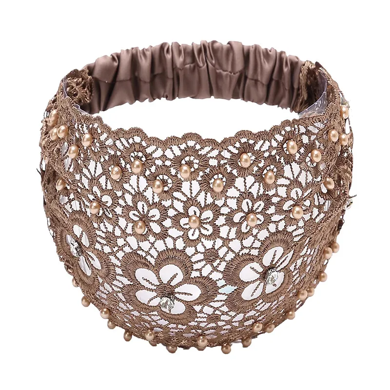 3 Pcs lace headbands for women,Wide Floral Pearl Lace Elastic Headbands Hair Accessories for Women Fashion