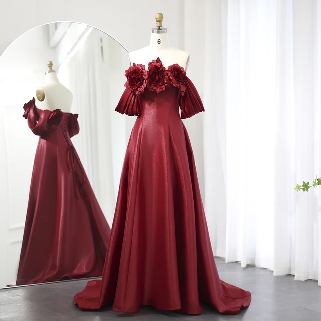 Elegant Burgundy Satin Off Shoulder Evening Dresses with 3D Flowers 2024 Long Women Wedding Formal Party Gowns 344 1