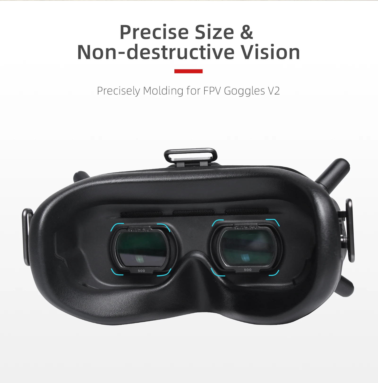 Détail des verres correcteurs sur lunettes FPV avec correction visuelle intégrée pour myopie de -100° à -500°.