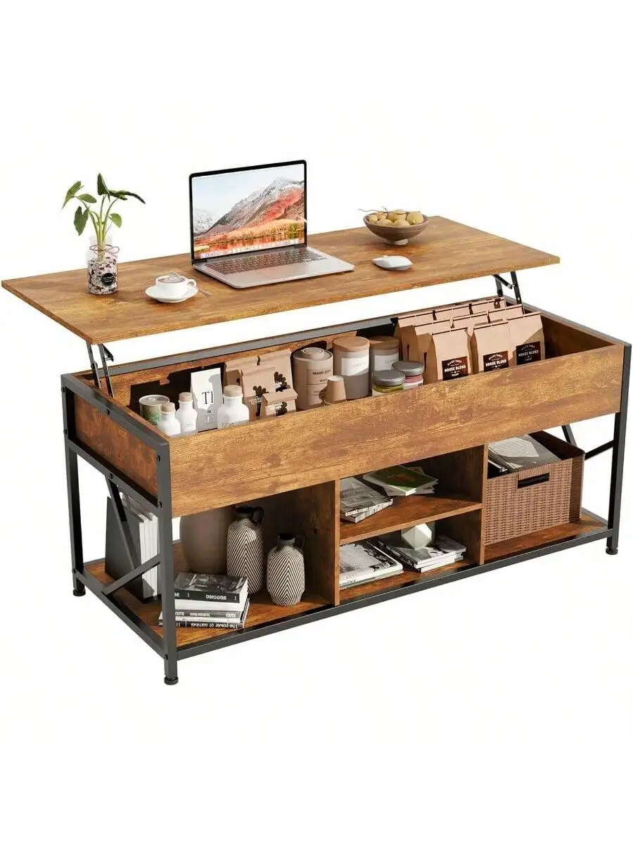 47.2 inches Lift Top Coffee Table for Living Room Rectangular Wooden Coffee Table with Large Hidden Storage and 4 Open C 3