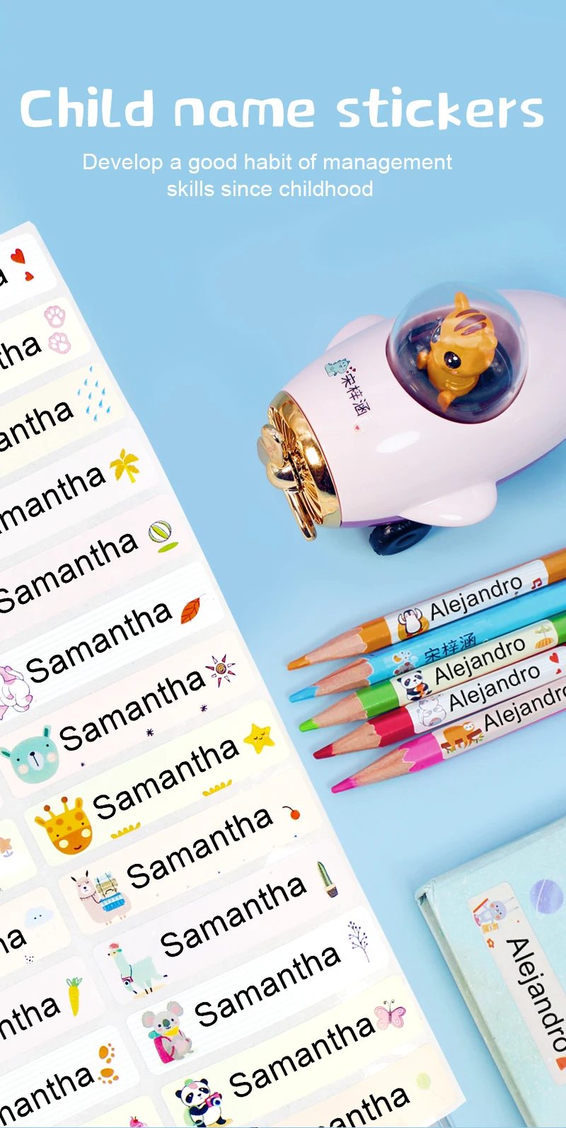 Name Sticker Custom Waterproof Kawaii Decals Personalized First Name Label for Children School Stationery Bottle Tag