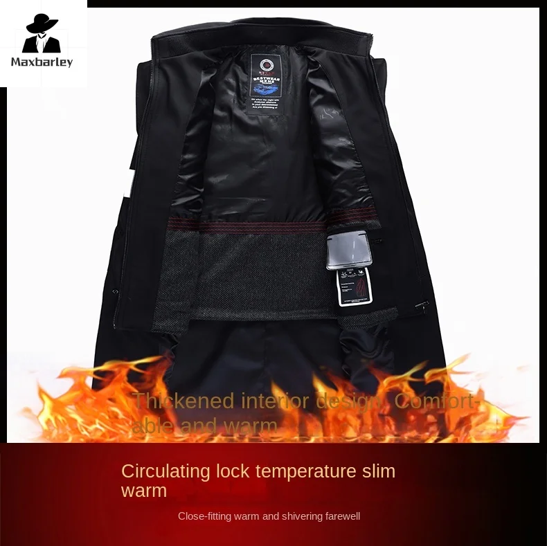 Thickened British Windbreaker Men's Long Knee-length Warm Coat For Winter Men's Detachable Wool Liner Double-breasted Jacket