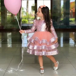 Girl's Winter Party Dresses with Bow Long Sleeves Beading Sequin Ball Gown Baby Girl Birthday Tutu Gowns Mini Flower Girl Dress