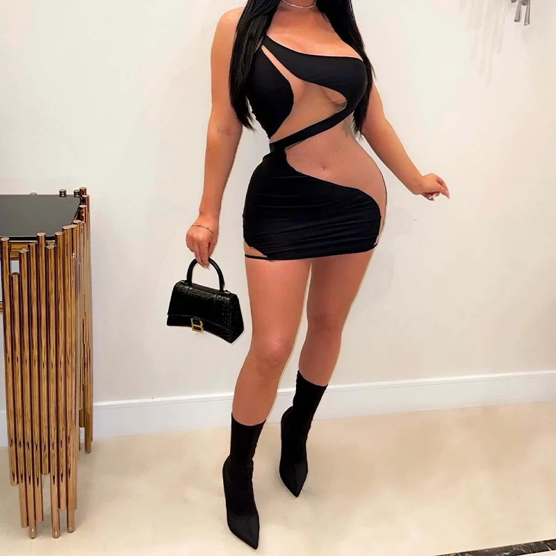 

2022 летние сексуальные сетчатые Лоскутные наклонные плечи без рукавов с открытой спиной модные обтягивающие мини-платья для женщин Клубная одежда
