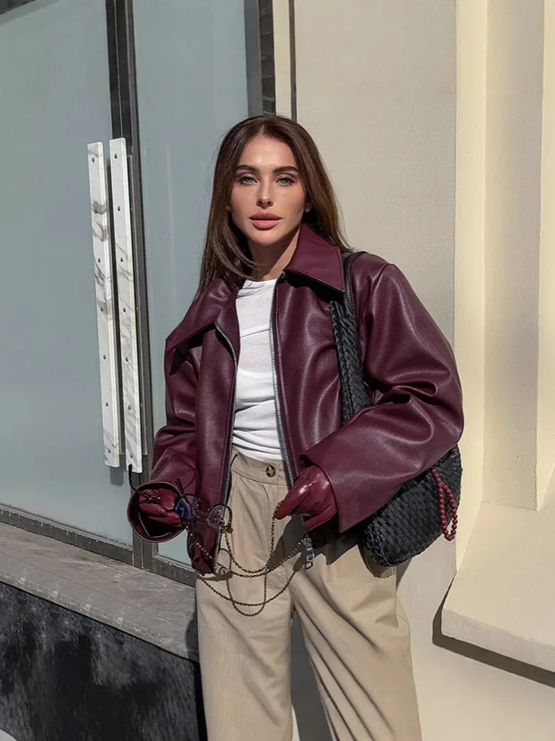 Womens Jacket Outerwears Cropped Faux Leather Jacket Autumn Long Sleeve Burgundy Bomber Jackets Casual Zipper Short Jacket - 5