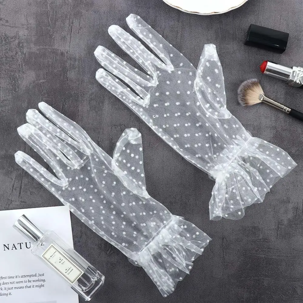 

Short Autumn Summer Sheers Stretchy Full Finger Driving Women Lace Gloves Korean Style Lace Gloves Polka Dot Gloves