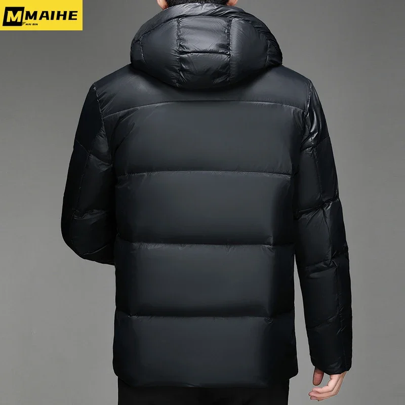 Men's down jacket Short hooded black gold bright Winter jacket Street wear Men women Korean trend ski white goose down coat