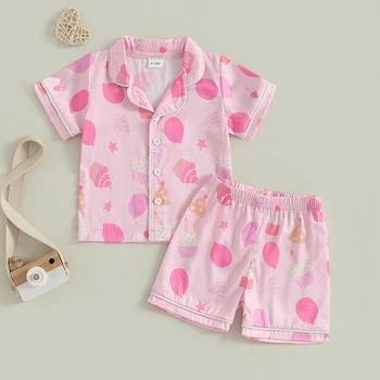 Children s Girls Pajama Set with Fun Cake and Balloon Print Short Sleeve Shirt Top and Shorts 2-Piece Lounge Suit for 5