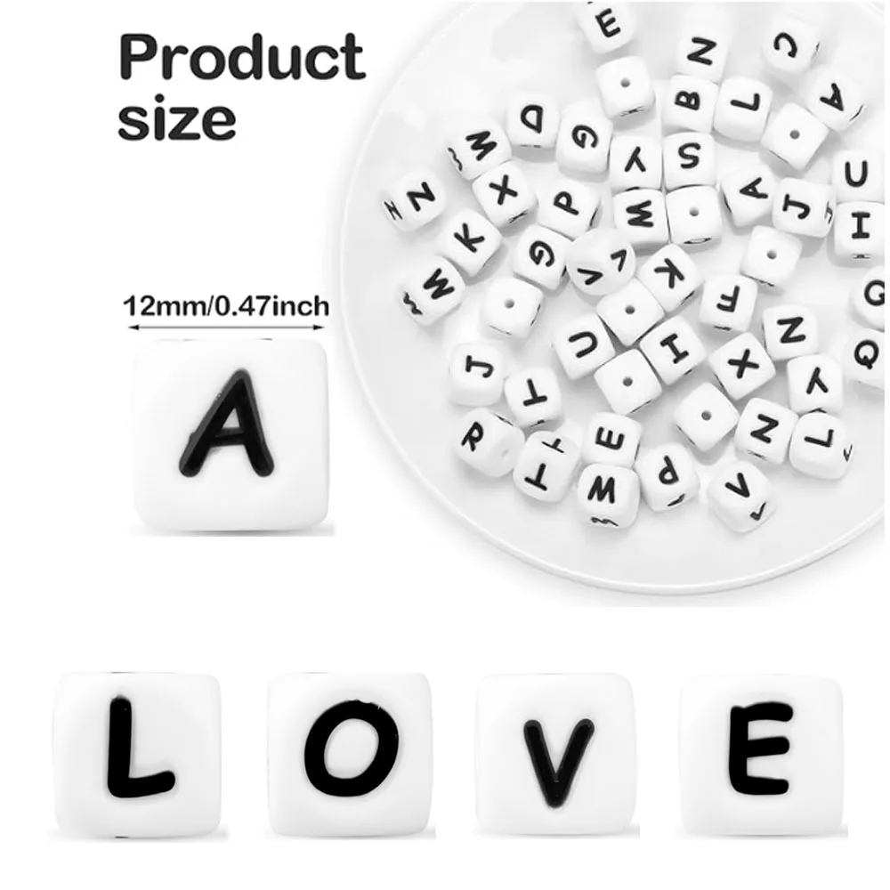 10Pcs 12mm Silicon Beads Letter Cube White Alphabet Beads A-Z Loose Spacing Diy Bracelet Jewelry Accessories