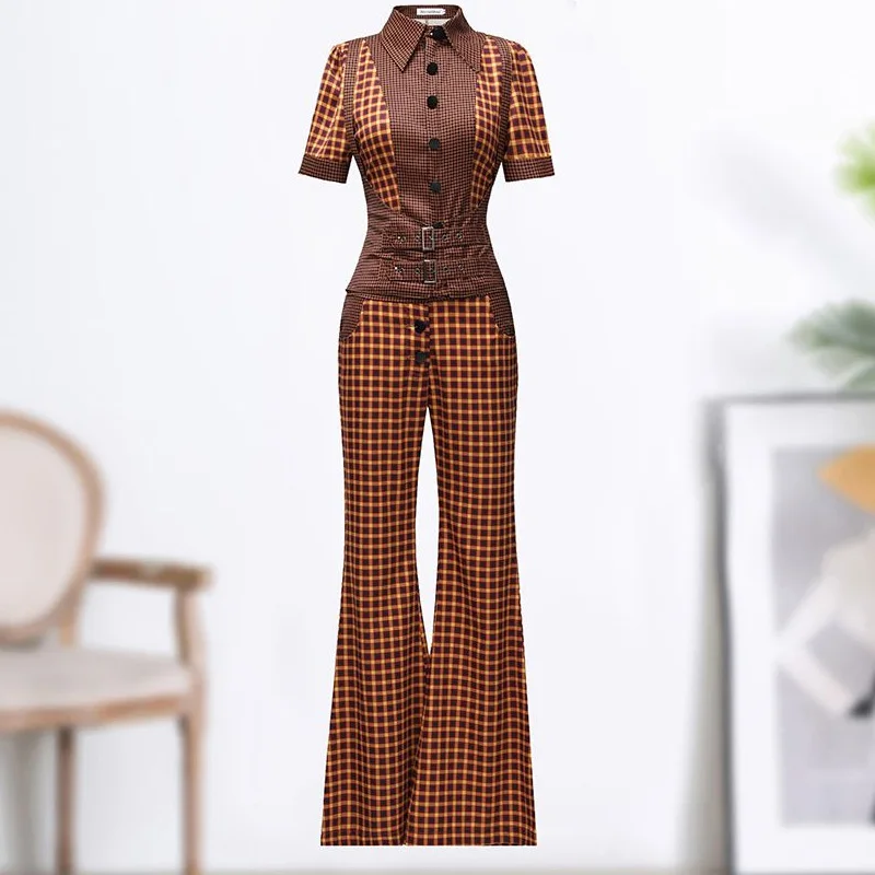 

QIWN Fashion Plaid Pant Suits Short Sleeve Shirt Tops And Trousers Two Pieces Set For Women Vintage Outfits Casual Clothing 2023