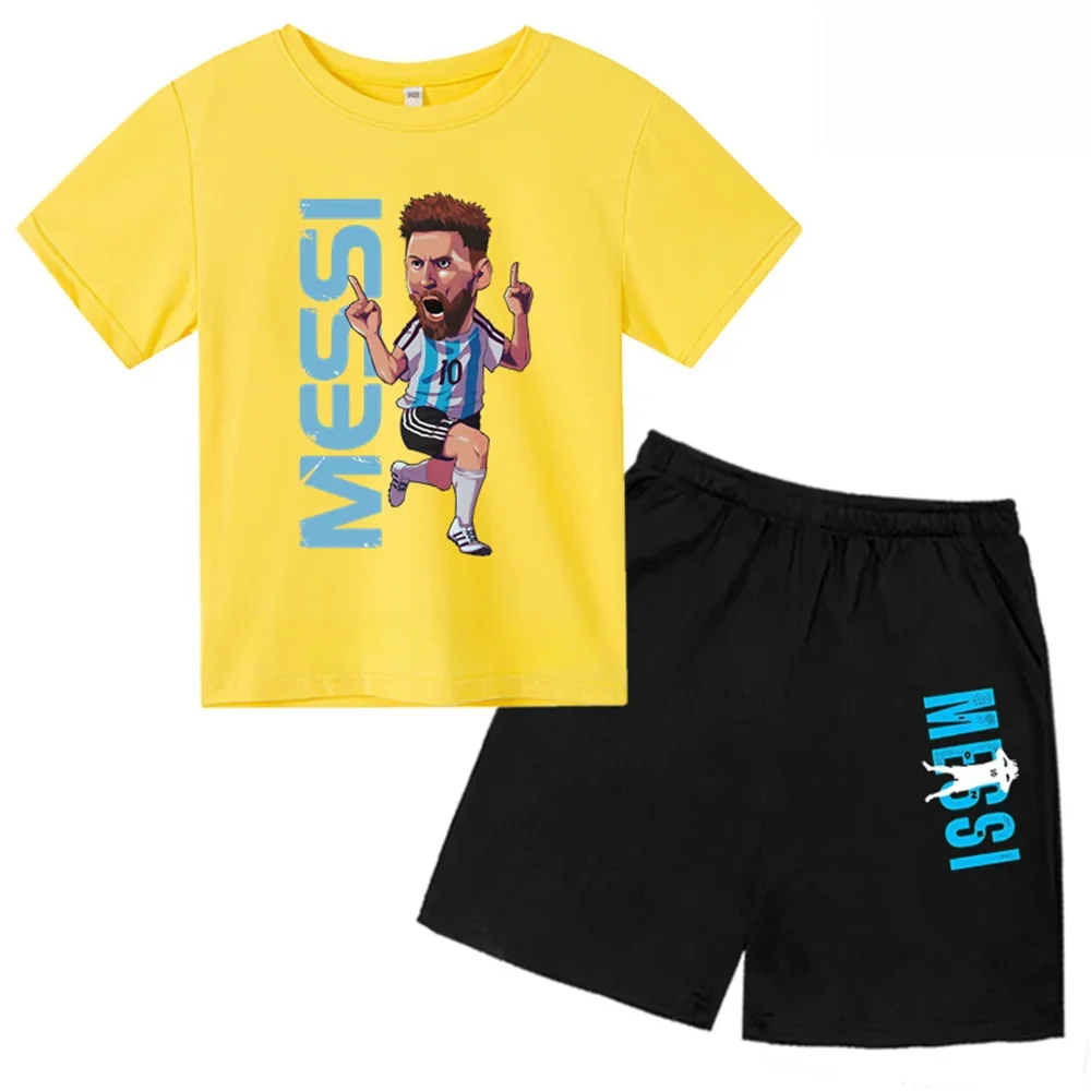 thumbnail image 1 of Camiseta con estampado de Messi de verano para niños y adolescentes, ropa de verano para niños y niñas, camiseta y pantalones cortos, conjunto de 2 piezas, traje deportivo de manga corta, 1 of 5