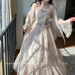 Lolita Victorian Dress Court Wind Lace-up Mesh Dress Spring Summer Shiny Thin Cardigan Bow Ruffle Long Dress Set Women's Dresses