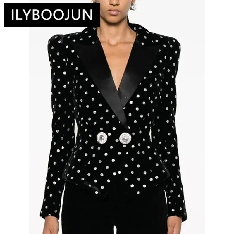 

Black Velvet Womens Blazer 2024 Autumn Winter New Designer Lion Button Slim Round Polka Dot Suits Outfit Jacket Formal Blazers