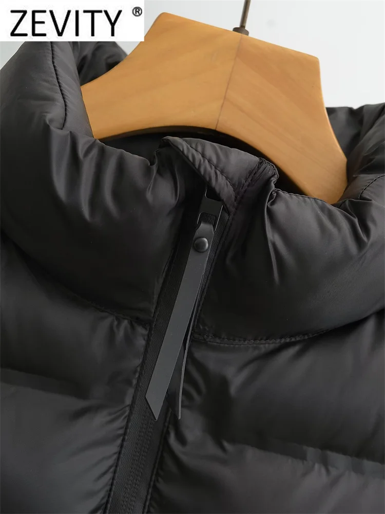 ZEVITY Women Fashion Stand Collar Long Sleeve Patchwork Quilted Cotton Jacket Coat Femme Outerwear Chic Zipper Short Tops CT5817 3