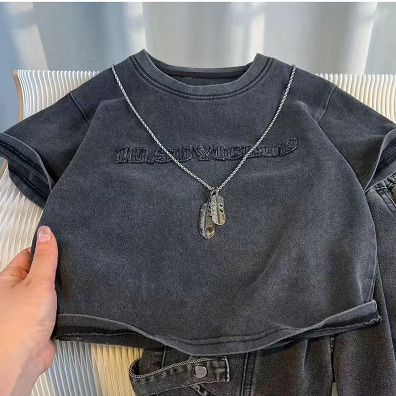 2-teiliges Sommer-Outfit für Kleinkinder, Jungen, kurzärmliges T-Shirt mit Buchstabenmuster, gewaschene Denim-Shorts, Set für Kinder, Jungen, lässige Streetwear-Kleidung, 2–6 Jahre – Detail 10
