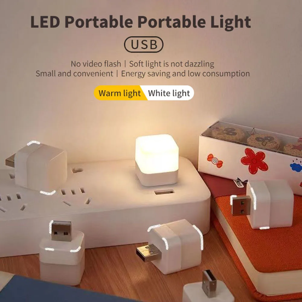 1pc USB Plug Lamp Mini Night Light Computer Mobile Power Charging Small Book Lamps LED Eye Protection Square Reading Light