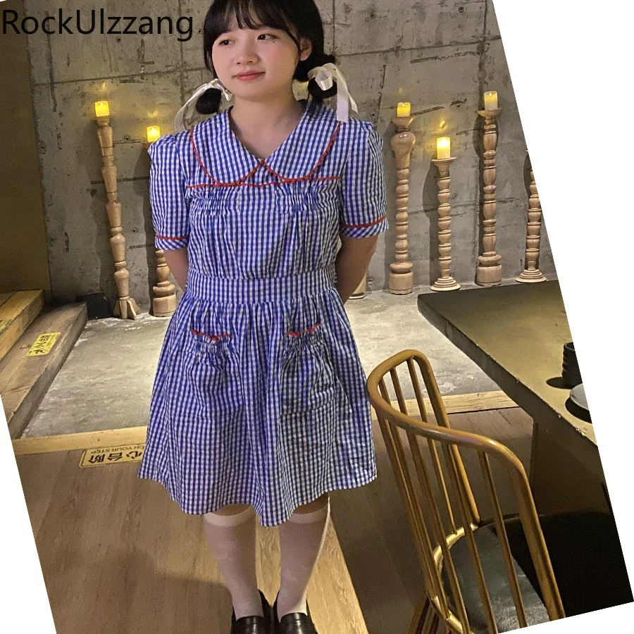 

Peter Pan Neck Cute Pocket Lace-Up Belt Bow Plaid Dress Korean Cloth Women High Waist Sweet Girl y2k Pretty Mini Dresses Lolita