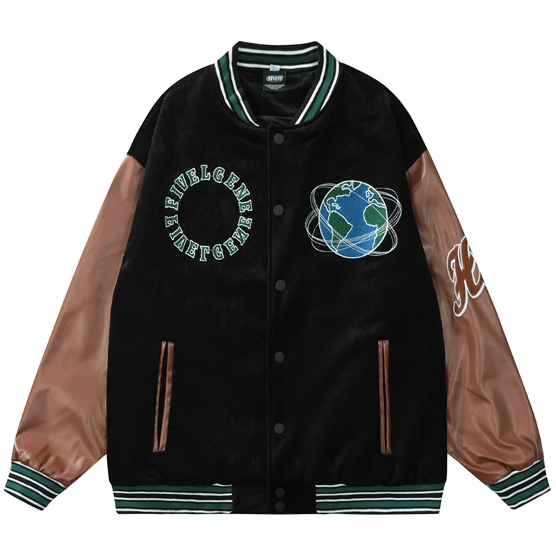 

Rotating Globe Pattern Embroidery Bomber Jacket Men Leather Splicing Sleeve Spring Fall Retro Loose Baseball Uniform Casual Coat