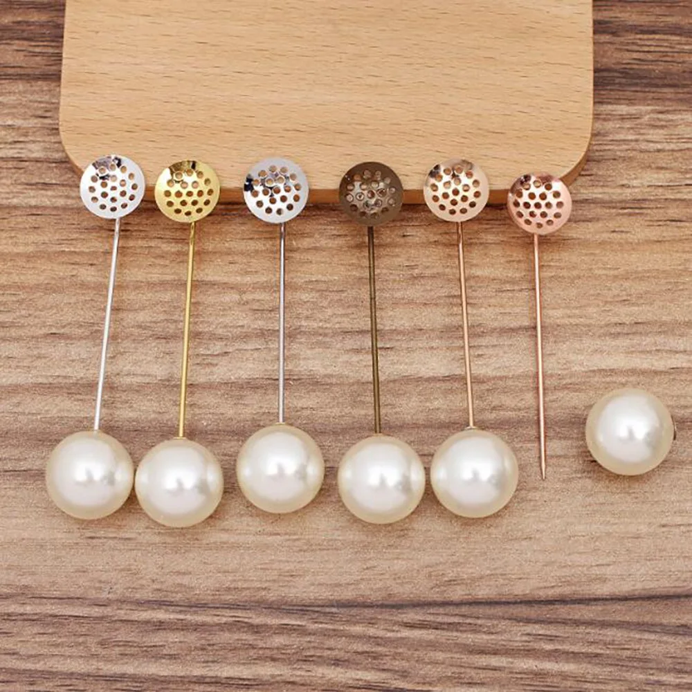 

100piece/Lot 50mm with 12mm Mesh Surface Hijab Scarf Safety Pins with Pearl Stopper Copper Brooch Collar Pin Cap Pin