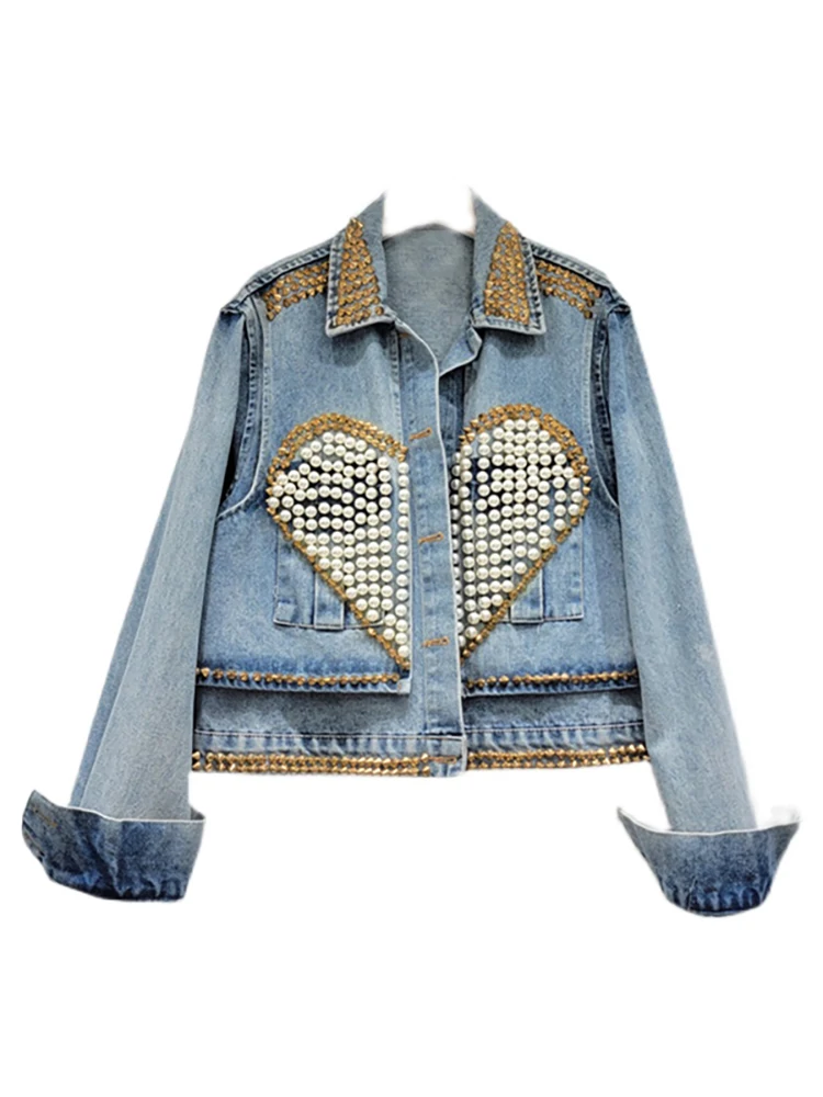 

Women's Denim Coat Heart Beading Pearls Gold Rivets Loose Blue Long Sleeve Jackets 2023 Autumn New Fashion Fashion Harajuku