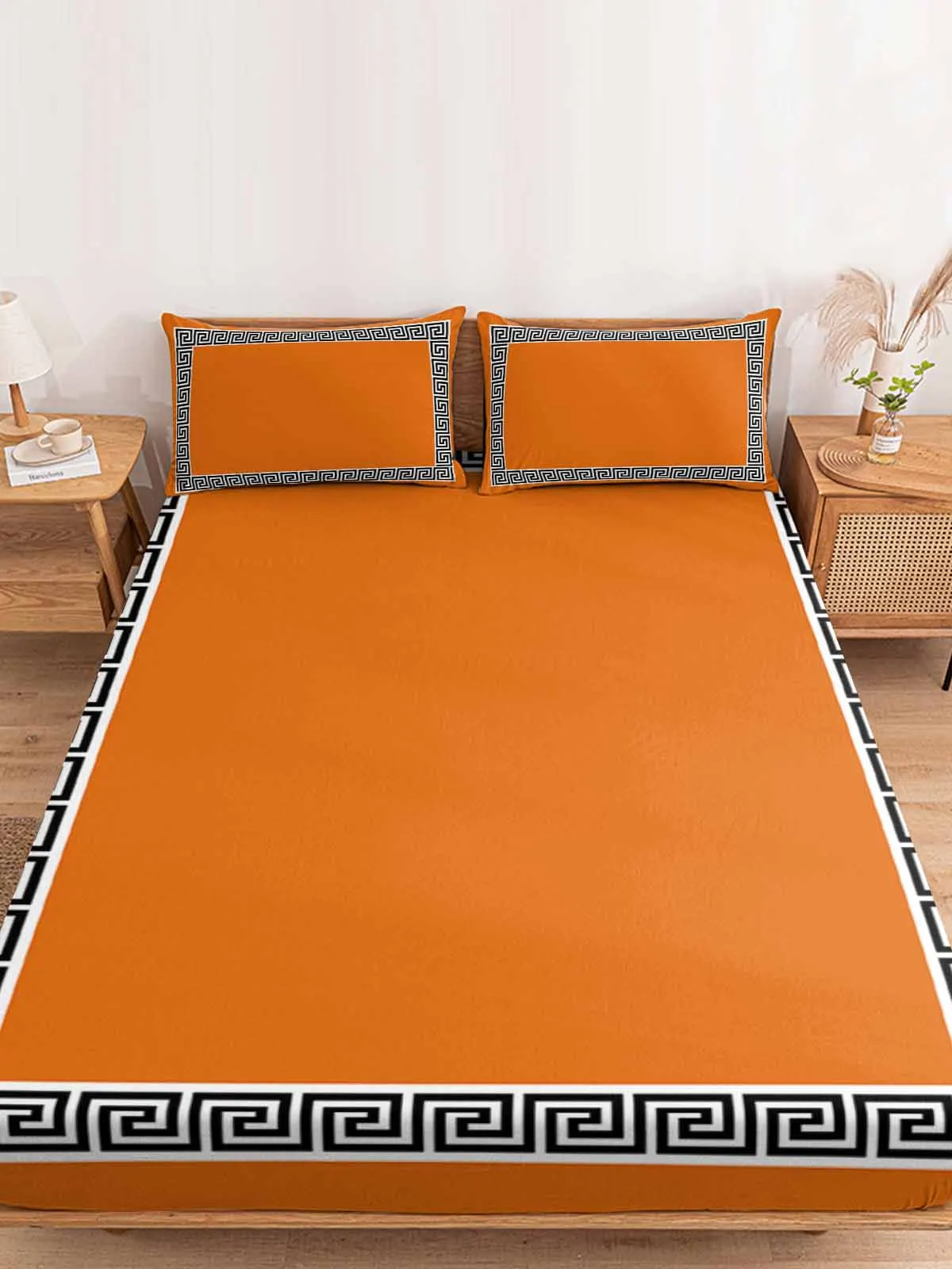 

Orange Geometric Greek Key Pattern Chinese Style Fitted Sheet Elastic Bands Non Slip Adjustable Mattress Covers Single King Bed