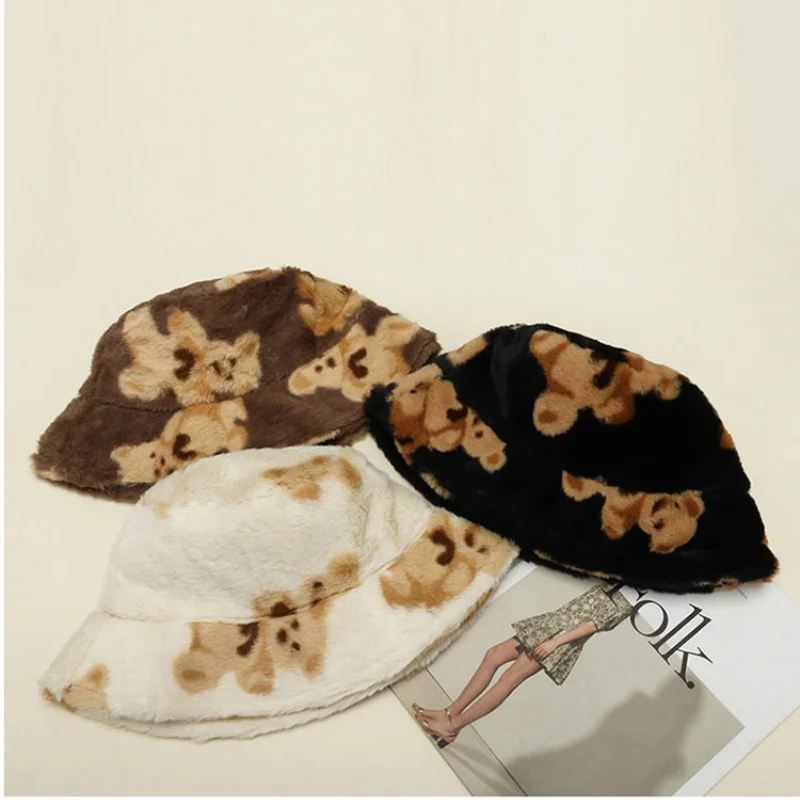 

Retro Cute Bear Print Fisherman Hat Plush Basin Hat Warm Trend Fluffy Casual Outdoor Trend Autumn Winter Girlfriend
