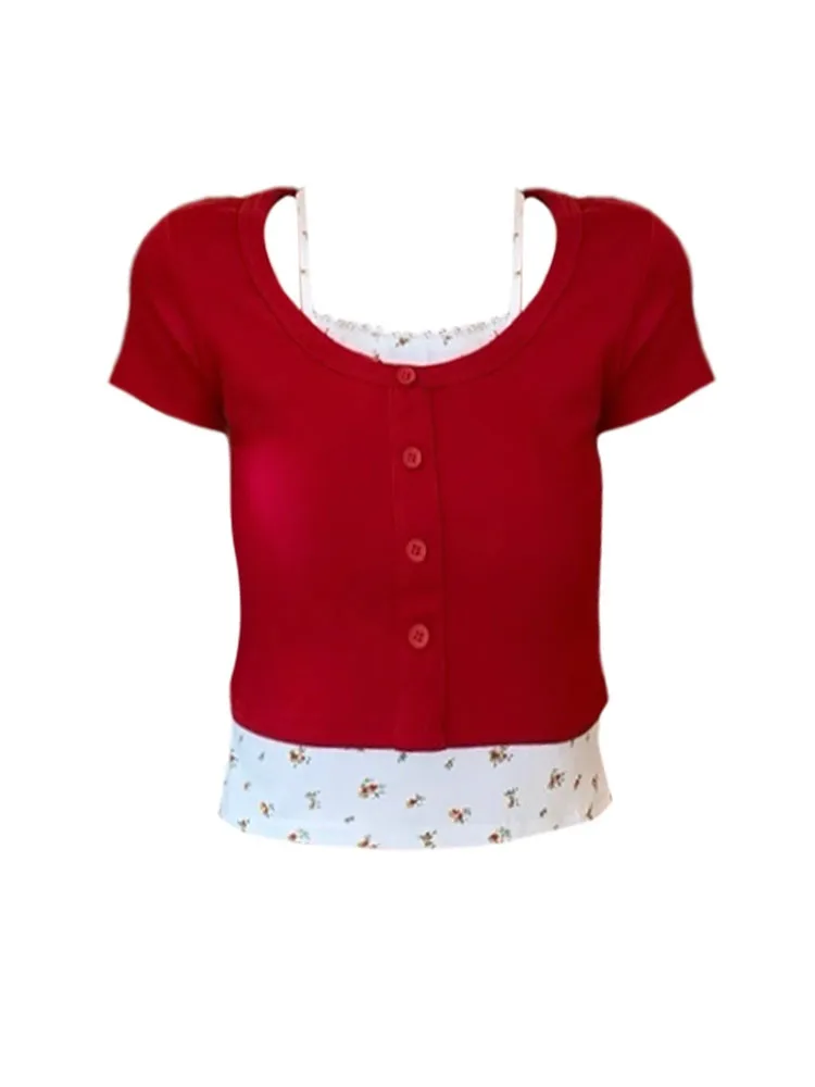 

Fashion Y2k Hot Sweet Floral Fake Two Pieces T-Shirts Women O-Neck Patchwork Short Sleeve Tops Summer Sexy Gyaru Tees New Trend