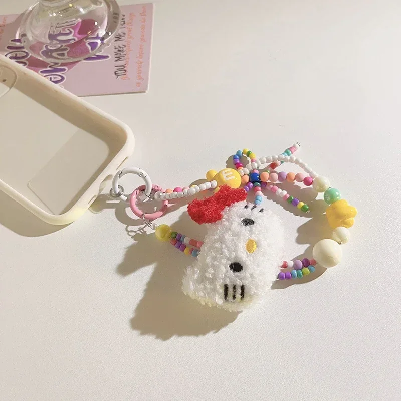 Sanrio pestrý korálkový klíčenka ahoj kočička kawaii kreslený plyš telefon řemen zápěstí řemen batoh přívěsek dekorace dárky