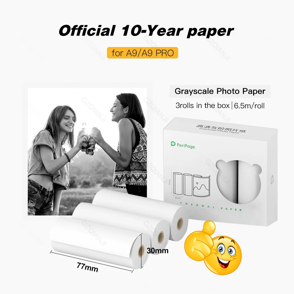 For Peripage A9 A9 Pro Official Photo Printer 77mm Thermal Paper Notes Sticker 10 Years Color Pure White Transparent Label Paper