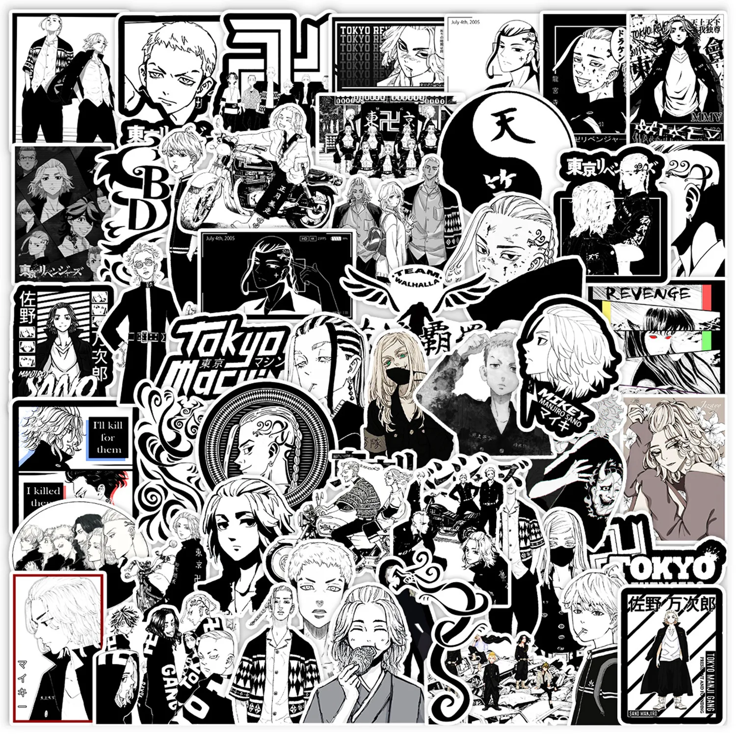 50Pcs Black White Tokyo Revengers Stickers Japan Anime for Bike Laptop Scrapbook Suitcase Waterproof Graffiti Sticker Gift graffiti sticker 100pcs adorable scratch proof reusable laptop suitcase sticker paper school accessory