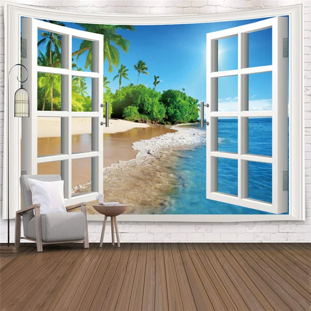 Tapisserie esthétique de paysage de fenêtre, tapisserie de plage, arbre tropical, lever de soleil, mer, décoration de salon, décoration de la maison, 216.239. 1