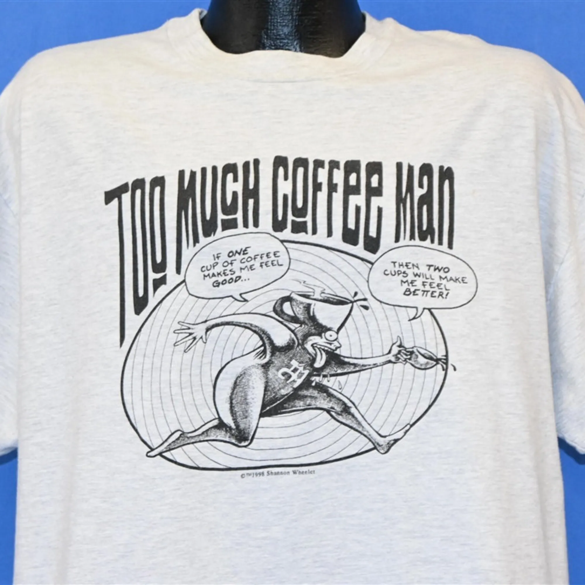 Anni '90 Troppo Coffee Man Comic Parabrezza Wheeler Cartoon T Shirt Extra Large