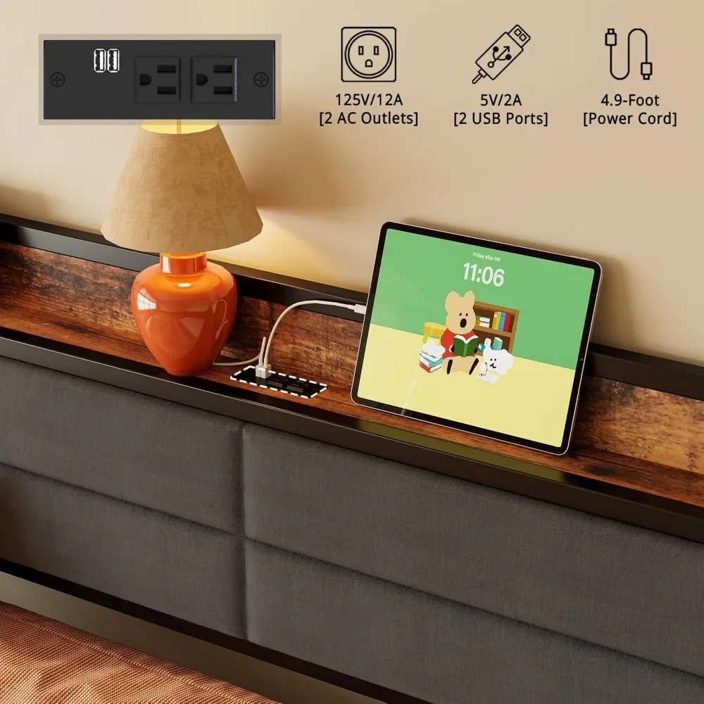 NEW-LIKIMIO Daybed with Trundle, Sturdy Metal Twin Bed Frame with Upholstered Headboard and Charging Station for Living Room, Be