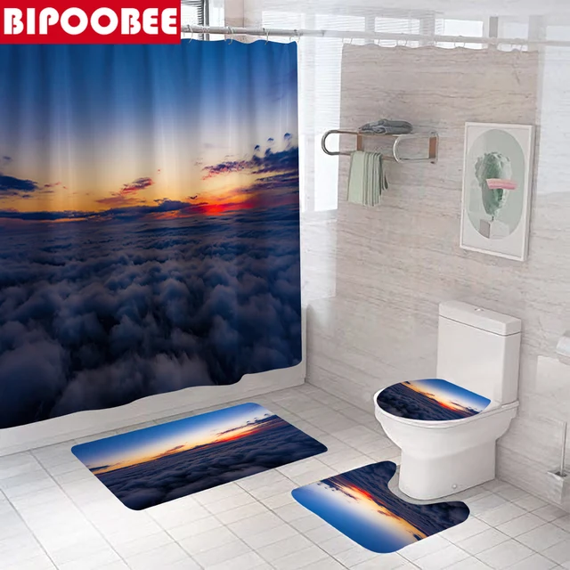 Morning Glow Sea of Clouds Pattern Shower Curtain Bathroom Decor 3D Bathtub Curtains Bath Mats Toilet Cover Lid Non-Slip Carpet