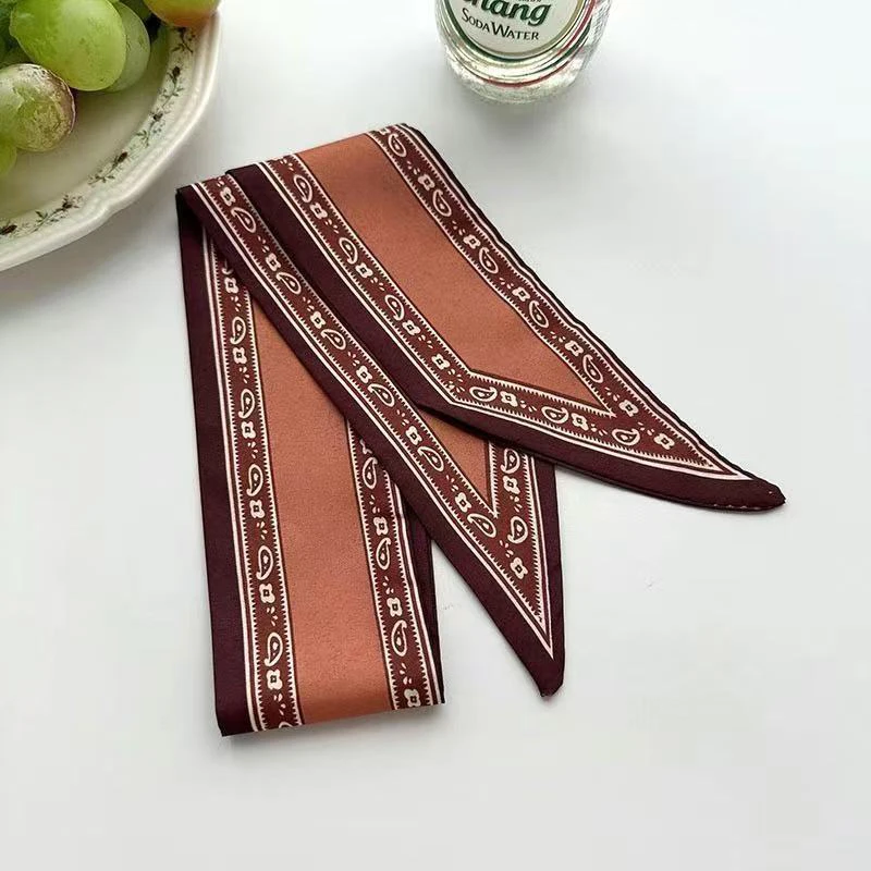 Luxuriöses Bandana-Tuch mit Rand, schmaler Schal aus Seidensatin mit Streifen, Haarband, Halstuch, schmaler Taschenschal, Gürtel für den Alltag, Reisen und als Geschenk – Detail 10