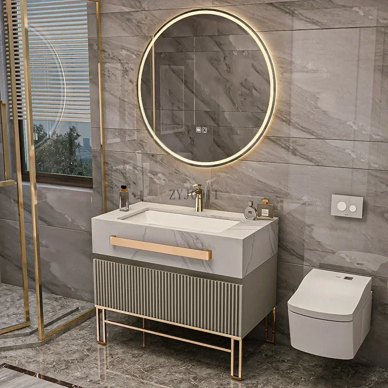 *Rock Plate Bathroom Cabinet Seamless Ceramic Basin Combination Hotel Style Modern Simple Solid Wood Floor Bathroom