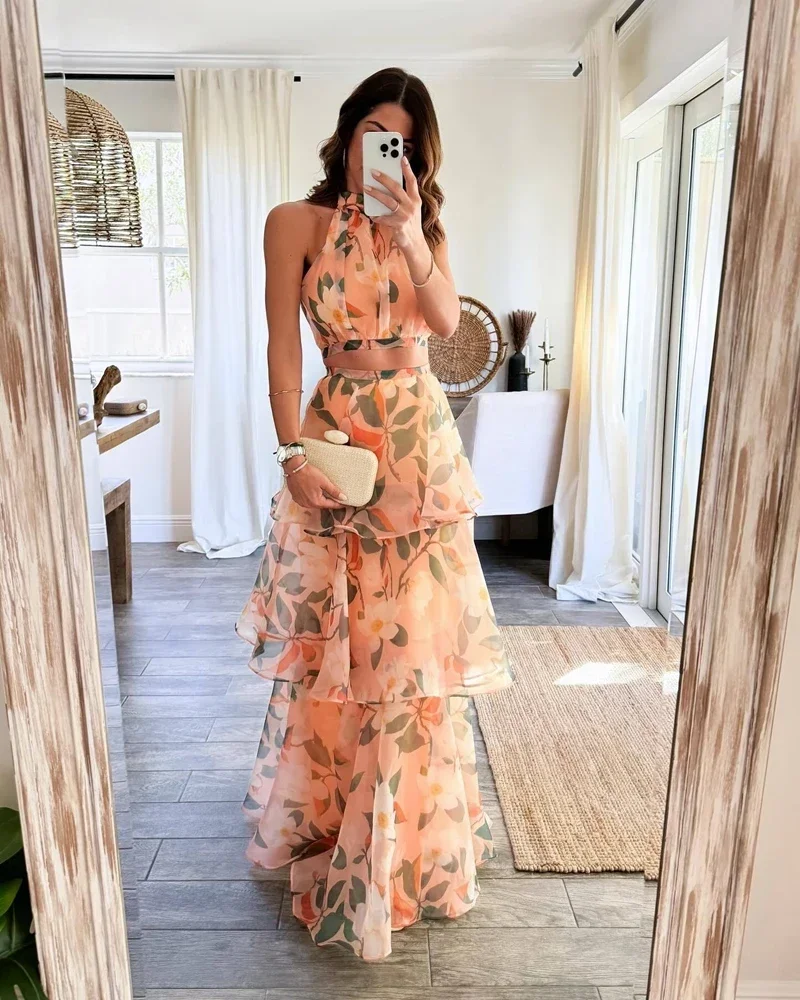 Ruffle Organza 2 Piece Set Women Outfits Sleeveless Crop Top and Long Maxi Skirts Sets 2024 New Summer Club Party Suits