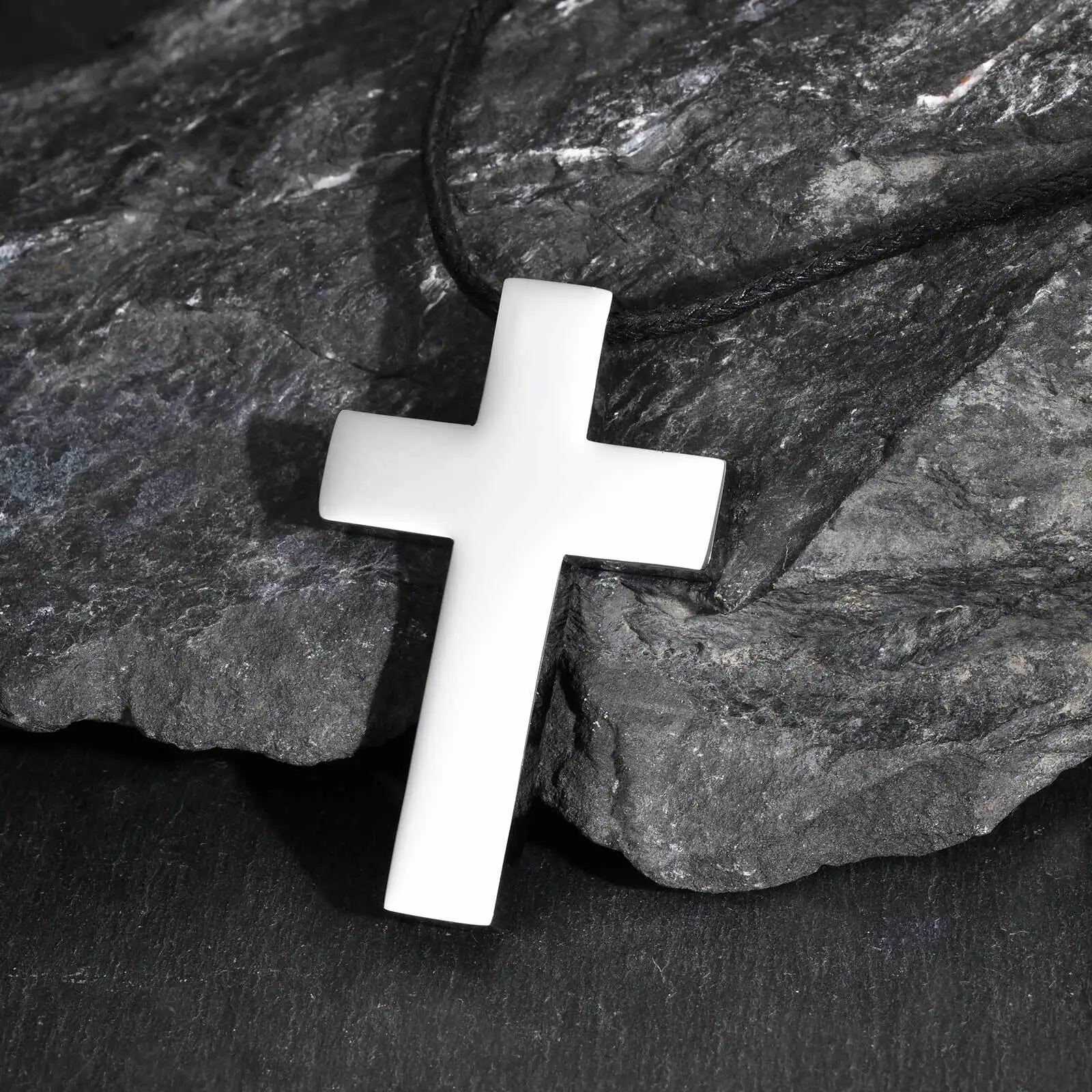 Big Cross Pendant Necklaces for Men, Stainless Steel Cross Pendant with Black Matte Wax Rope,Long Necklace