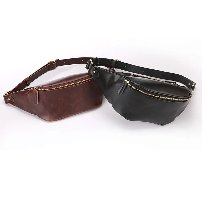 Black Leather Fanny Packs Mens Black Male Leather Waist Bag